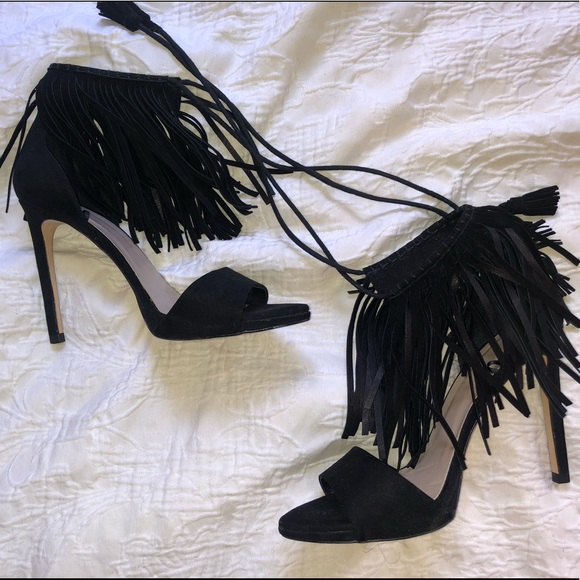 Zara Black Suede Fringed Heels - Picture 4 of 5